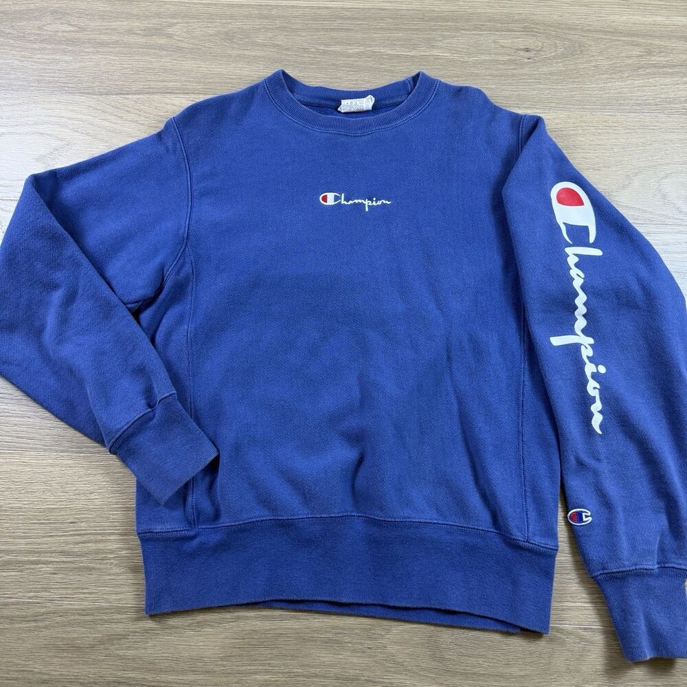 Champion Crewneck Sweatshirt Small Reverse Weave Center Logo Spellout Sleeve
